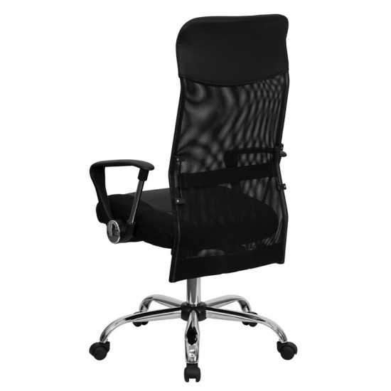 High Back Black Leather and Mesh Swivel Task Office Chair with Arms