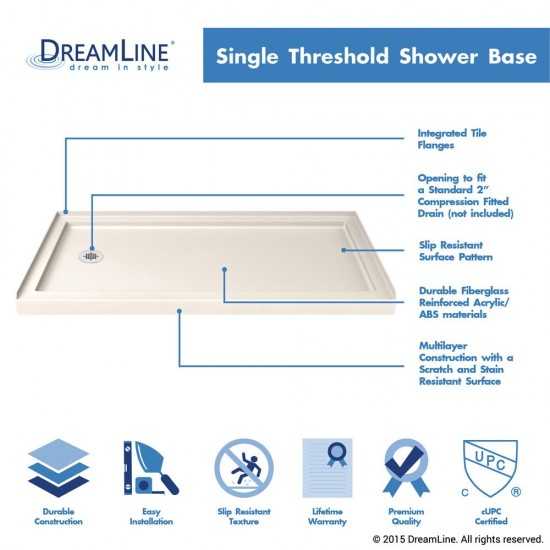 Flex 30 in. D x 60 in. W x 74 3/4 in. H Semi-Frameless Pivot Shower Door in Chrome with Left Drain Biscuit Base Kit