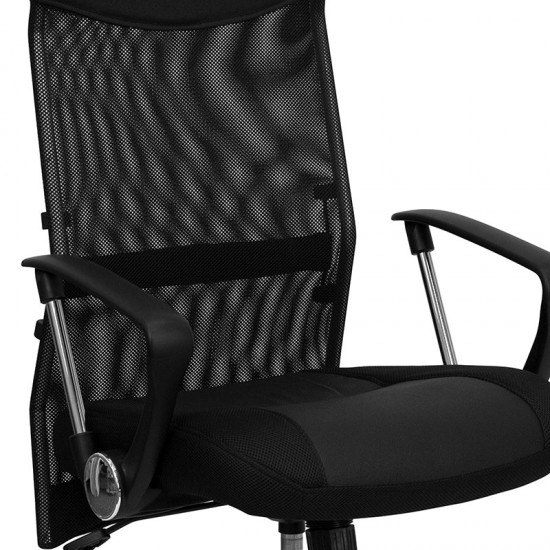 High Back Black Leather and Mesh Swivel Task Office Chair with Arms