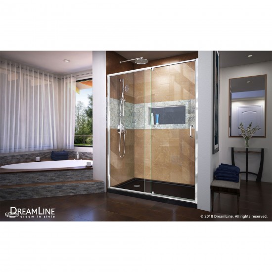 Flex 30 in. D x 60 in. W x 74 3/4 in. H Semi-Frameless Pivot Shower Door in Chrome with Left Drain Black Base Kit