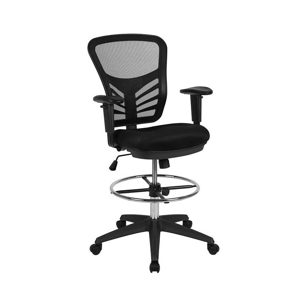 Mid-Back Black Mesh Ergonomic Drafting Chair with Adjustable Chrome Foot Ring, Adjustable Arms and Black Frame