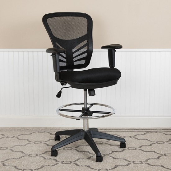 Mid-Back Black Mesh Ergonomic Drafting Chair with Adjustable Chrome Foot Ring, Adjustable Arms and Black Frame