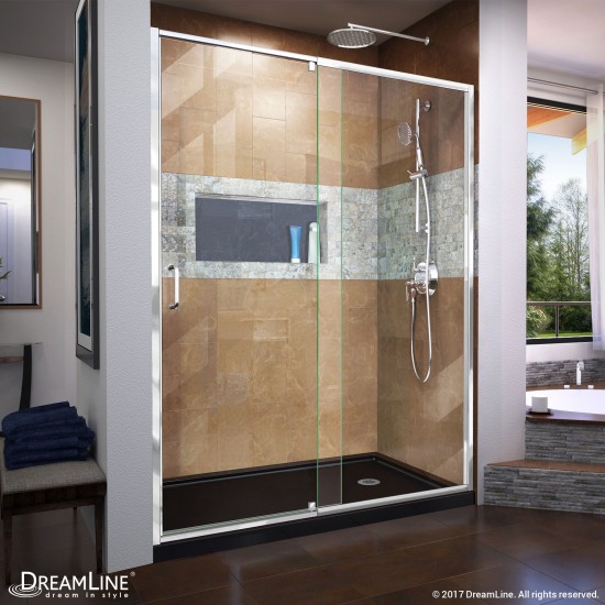 Flex 30 in. D x 60 in. W x 74 3/4 in. H Semi-Frameless Pivot Shower Door in Chrome with Right Drain Black Base Kit