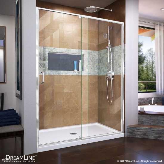 Flex 32 in. D x 60 in. W x 74 3/4 in. H Semi-Frameless Pivot Shower Door in Chrome with Center Drain White Base Kit