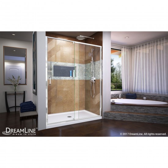 Flex 32 in. D x 60 in. W x 74 3/4 in. H Semi-Frameless Pivot Shower Door in Chrome with Center Drain White Base Kit