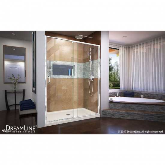 Flex 32 in. D x 60 in. W x 74 3/4 in. H Semi-Frameless Pivot Shower Door in Chrome with Center Drain Biscuit Base Kit