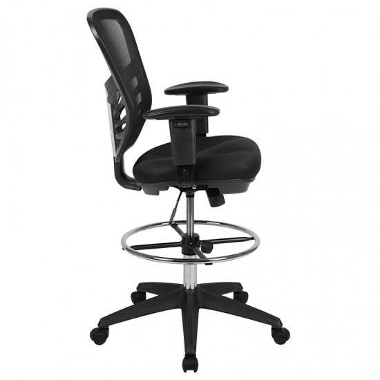 Mid-Back Black Mesh Ergonomic Drafting Chair with Adjustable Chrome Foot Ring, Adjustable Arms and Black Frame