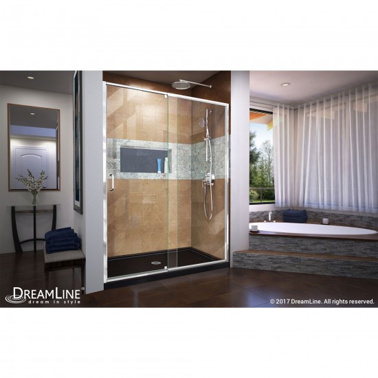 Flex 32 in. D x 60 in. W x 74 3/4 in. H Semi-Frameless Pivot Shower Door in Chrome with Center Drain Black Base Kit