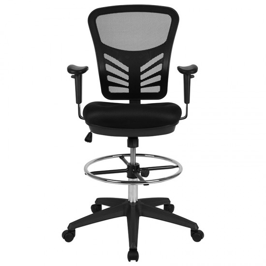 Mid-Back Black Mesh Ergonomic Drafting Chair with Adjustable Chrome Foot Ring, Adjustable Arms and Black Frame