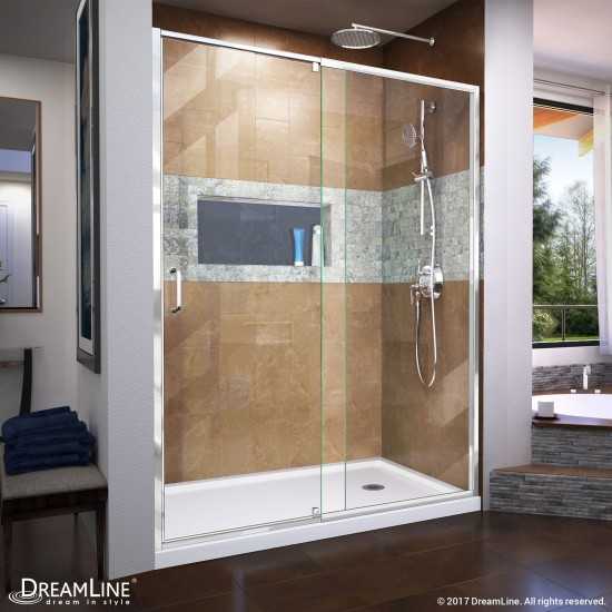 Flex 32 in. D x 60 in. W x 74 3/4 in. H Semi-Frameless Pivot Shower Door in Chrome with Right Drain White Base Kit