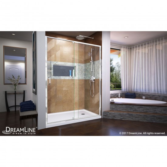 Flex 32 in. D x 60 in. W x 74 3/4 in. H Semi-Frameless Pivot Shower Door in Chrome with Right Drain White Base Kit