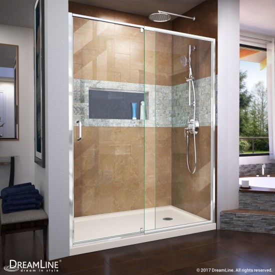 Flex 32 in. D x 60 in. W x 74 3/4 in. H Semi-Frameless Pivot Shower Door in Chrome with Right Drain Biscuit Base Kit