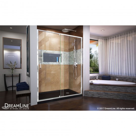 Flex 32 in. D x 60 in. W x 74 3/4 in. H Semi-Frameless Pivot Shower Door in Chrome with Right Drain Black Base Kit