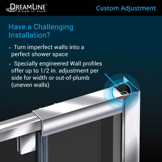 Flex 34 in. D x 60 in. W x 74 3/4 in. H Semi-Frameless Pivot Shower Door in Chrome with Center Drain Biscuit Base Kit