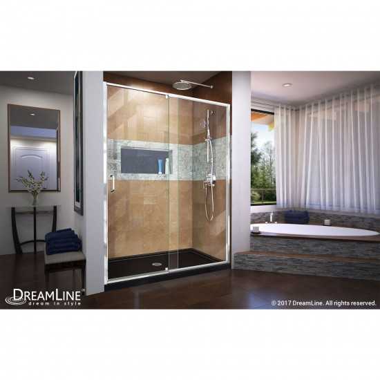 Flex 34 in. D x 60 in. W x 74 3/4 in. H Semi-Frameless Pivot Shower Door in Chrome with Center Drain Black Base Kit