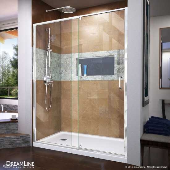 Flex 34 in. D x 60 in. W x 74 3/4 in. H Semi-Frameless Pivot Shower Door in Chrome with Left Drain White Base Kit