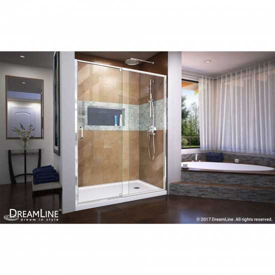 Flex 34 in. D x 60 in. W x 74 3/4 in. H Semi-Frameless Pivot Shower Door in Chrome with Right Drain White Base Kit