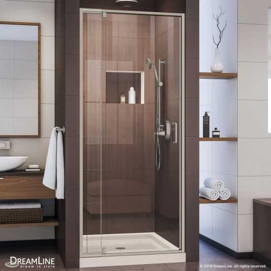 Flex 36 in. D x 36 in. W x 74 3/4 in. H Semi-Frameless Pivot Shower Door in Brushed Nickel and Center Drain Biscuit Base