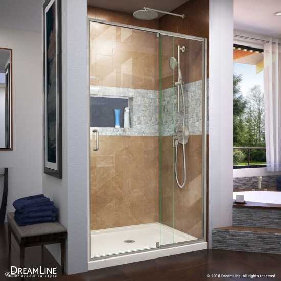 Flex 32 in. D x 42 in. W x 74 3/4 in. H Semi-Frameless Shower Door in Brushed Nickel with Center Drain Biscuit Base Kit