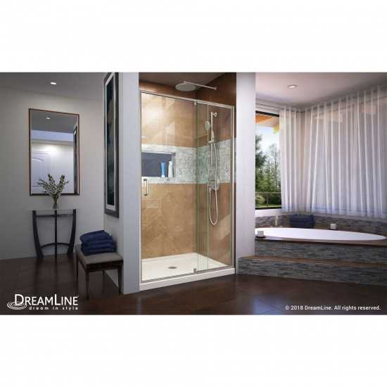 Flex 36 in. D x 48 in. W x 74 3/4 in. H Semi-Frameless Shower Door in Brushed Nickel with Center Drain Biscuit Base Kit