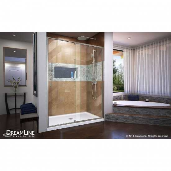 Flex 30 in. D x 60 in. W x 74 3/4 in. H Semi-Frameless Shower Door in Brushed Nickel with Center Drain White Base Kit