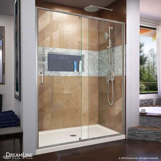 Flex 30 in. D x 60 in. W x 74 3/4 in. H Semi-Frameless Shower Door in Brushed Nickel with Center Drain Biscuit Base Kit