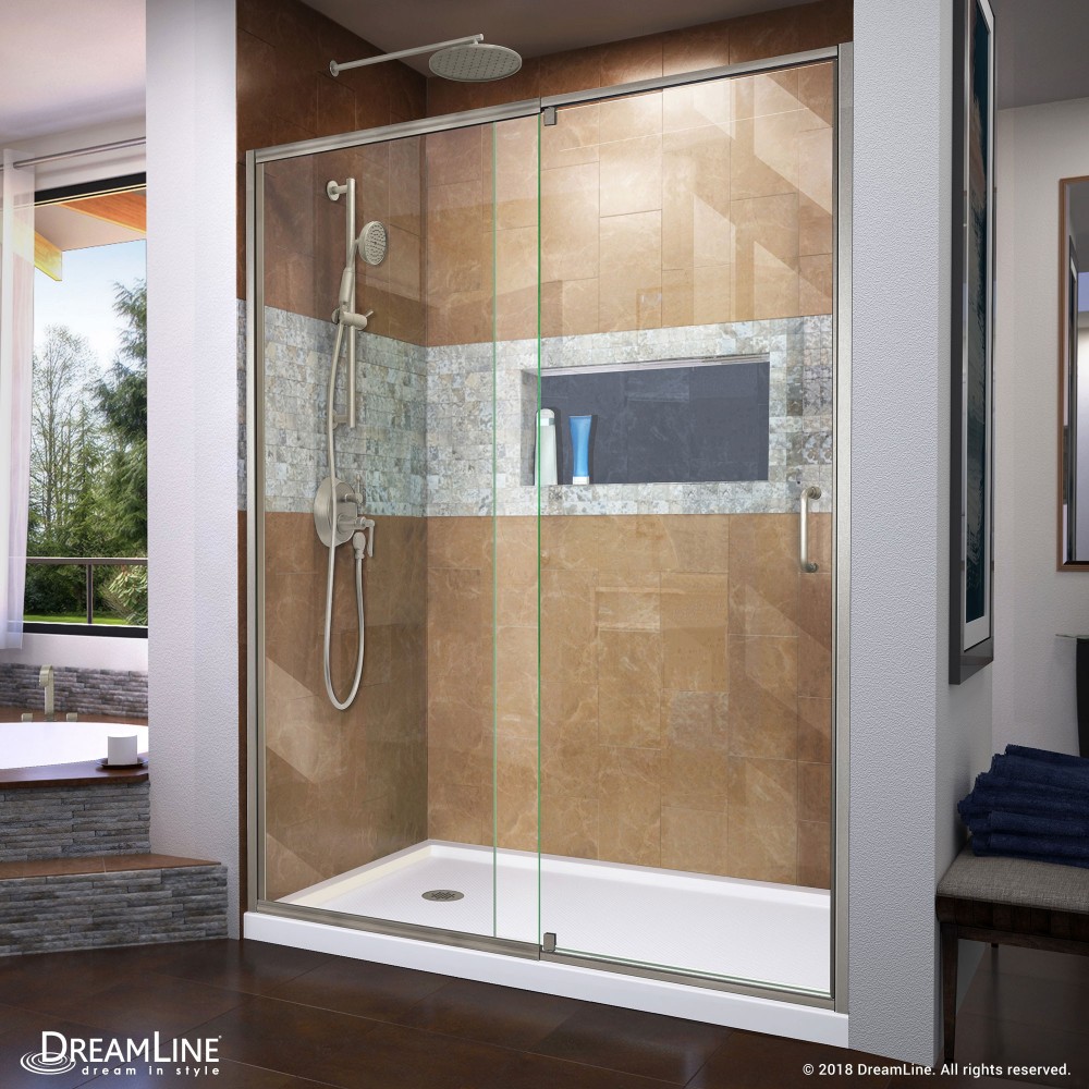 Flex 30 in. D x 60 in. W x 74 3/4 in. H Semi-Frameless Shower Door in Brushed Nickel with Left Drain White Base Kit