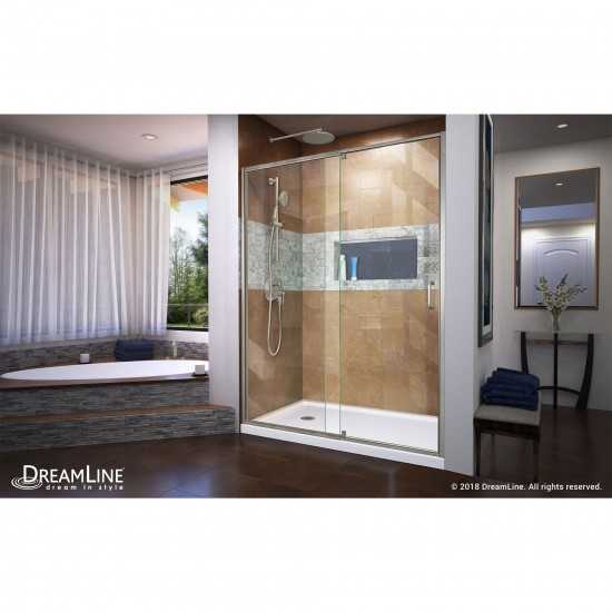 Flex 30 in. D x 60 in. W x 74 3/4 in. H Semi-Frameless Shower Door in Brushed Nickel with Left Drain White Base Kit