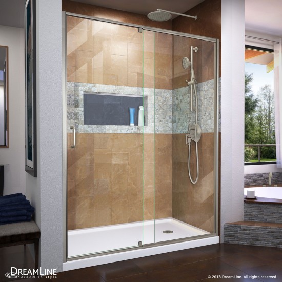 Flex 30 in. D x 60 in. W x 74 3/4 in. H Semi-Frameless Shower Door in Brushed Nickel with Right Drain White Base Kit