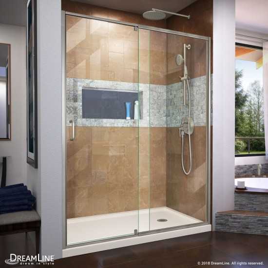 Flex 30 in. D x 60 in. W x 74 3/4 in. H Semi-Frameless Shower Door in Brushed Nickel with Right Drain Biscuit Base Kit