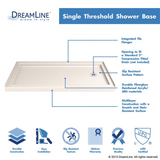 Flex 30 in. D x 60 in. W x 74 3/4 in. H Semi-Frameless Shower Door in Brushed Nickel with Right Drain Biscuit Base Kit