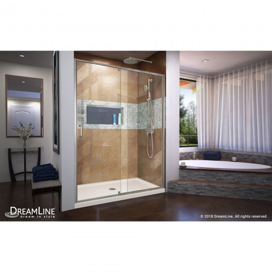Flex 32 in. D x 60 in. W x 74 3/4 in. H Semi-Frameless Shower Door in Brushed Nickel with Center Drain Biscuit Base Kit