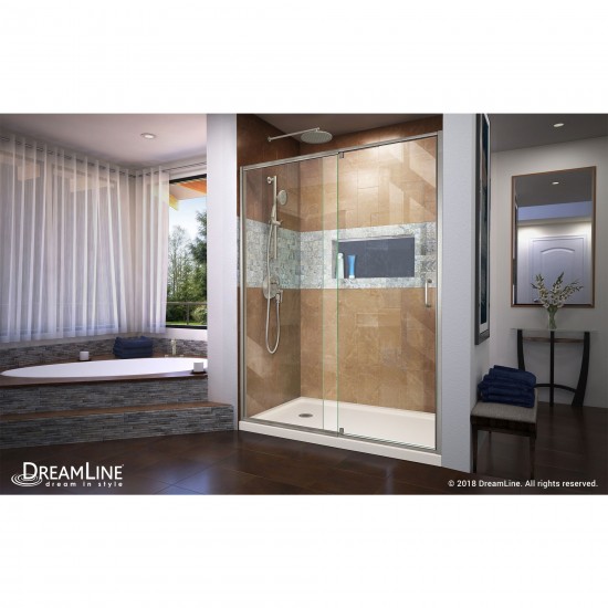 Flex 32 in. D x 60 in. W x 74 3/4 in. H Semi-Frameless Shower Door in Brushed Nickel with Left Drain Biscuit Base Kit