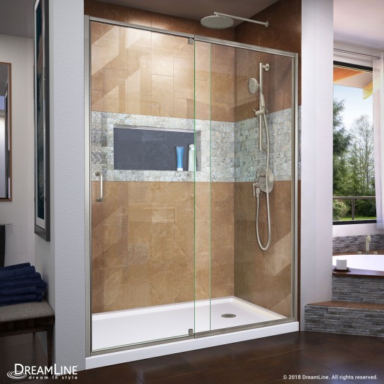 Flex 32 in. D x 60 in. W x 74 3/4 in. H Semi-Frameless Shower Door in Brushed Nickel with Right Drain White Base Kit