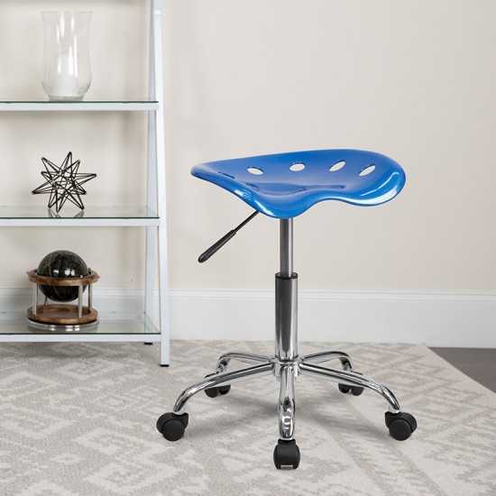 Vibrant Bright Blue Tractor Seat and Chrome Stool