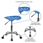 Vibrant Bright Blue Tractor Seat and Chrome Stool