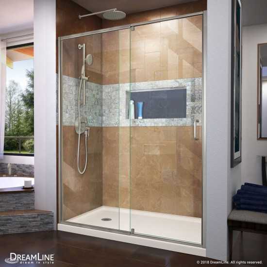 Flex 34 in. D x 60 in. W x 74 3/4 in. H Semi-Frameless Shower Door in Brushed Nickel with Left Drain Biscuit Base Kit