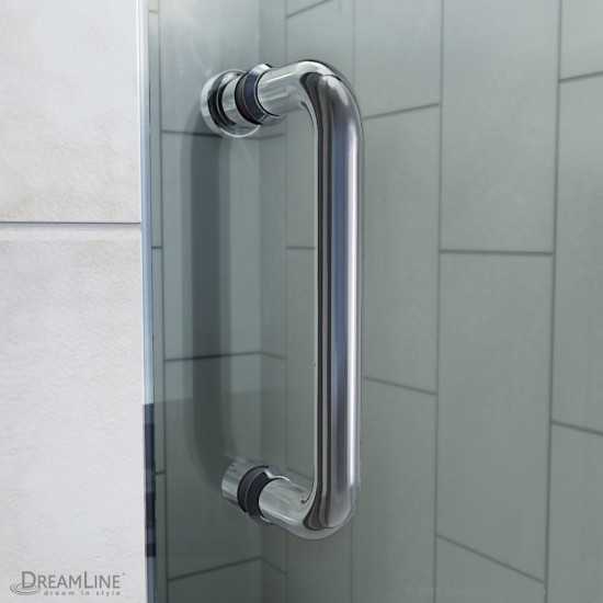 Flex 34 in. D x 60 in. W x 74 3/4 in. H Semi-Frameless Shower Door in Brushed Nickel with Left Drain Biscuit Base Kit