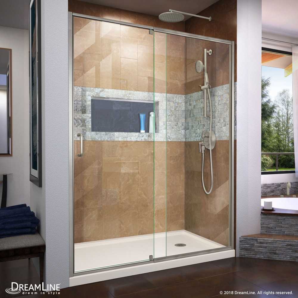 Flex 34 in. D x 60 in. W x 74 3/4 in. H Semi-Frameless Shower Door in Brushed Nickel with Right Drain Biscuit Base Kit