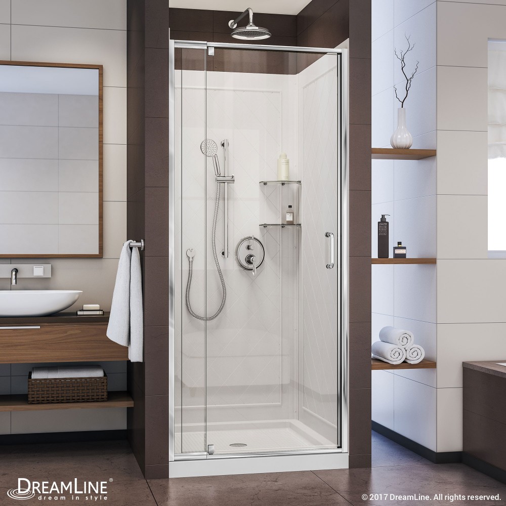 Flex 36 in. D x 36 in. W x 76 3/4 in. H Semi-Frameless Shower Door in Chrome with White Base and Backwalls