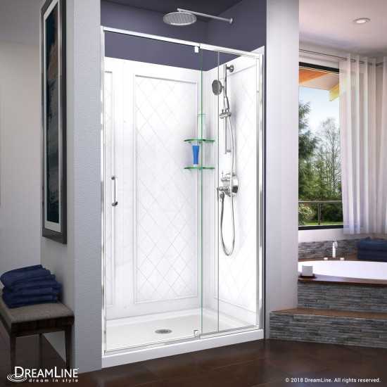 Flex 36 in. D x 48 in. W x 76 3/4 in. H Semi-Frameless Shower Door in Chrome with Center Drain White Base and Backwalls