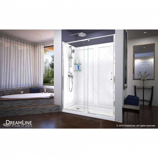 Flex 30 in. D x 60 in. W x 76 3/4 in. H Semi-Frameless Shower Door in Chrome with Left Drain White Base and Backwalls