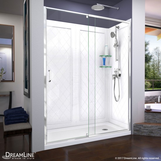Flex 30 in. D x 60 in. W x 76 3/4 in. H Semi-Frameless Shower Door in Chrome with Right Drain White Base and Backwalls