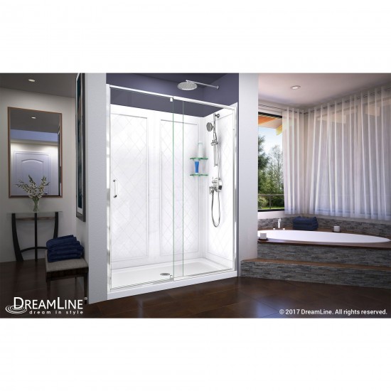 Flex 32 in. D x 60 in. W x 76 3/4 in. H Semi-Frameless Shower Door in Chrome with Center Drain White Base and Backwalls