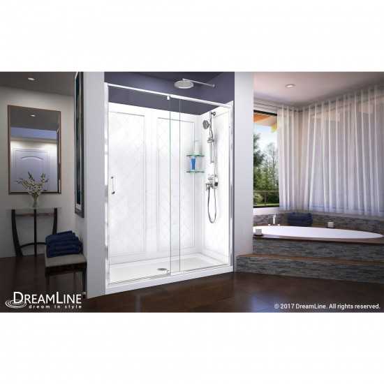 Flex 34 in. D x 60 in. W x 76 3/4 in. H Semi-Frameless Shower Door in Chrome with Center Drain White Base and Backwalls