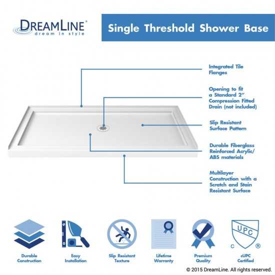 Flex 36 in. D x 60 in. W x 76 3/4 in. H Semi-Frameless Shower Door in Chrome with Center Drain White Base and Backwalls