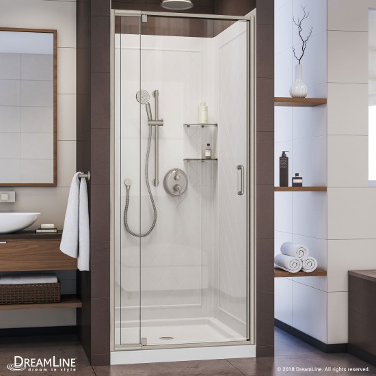 Flex 32 in. D x 32 in. W x 76 3/4 in. H Semi-Frameless Shower Door in Brushed Nickel with White Base and Backwalls