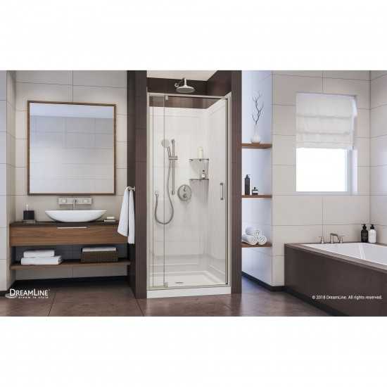 Flex 32 in. D x 32 in. W x 76 3/4 in. H Semi-Frameless Shower Door in Brushed Nickel with White Base and Backwalls