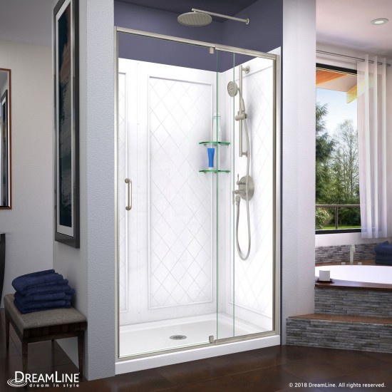 Flex 36 in. D x 48 in. W x 76 3/4 in. H Semi-Frameless Shower Door in Brushed Nickel with Center Drain Base, Backwalls