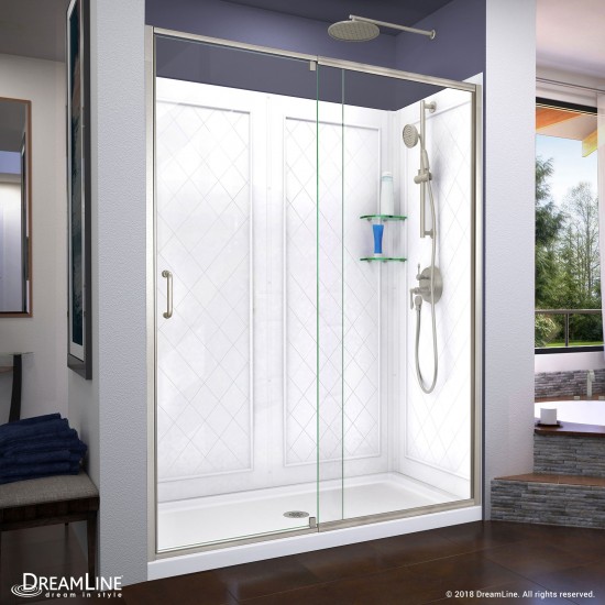 Flex 30 in. D x 60 in. W x 76 3/4 in. H Semi-Frameless Shower Door in Brushed Nickel with Center Drain Base, Backwalls